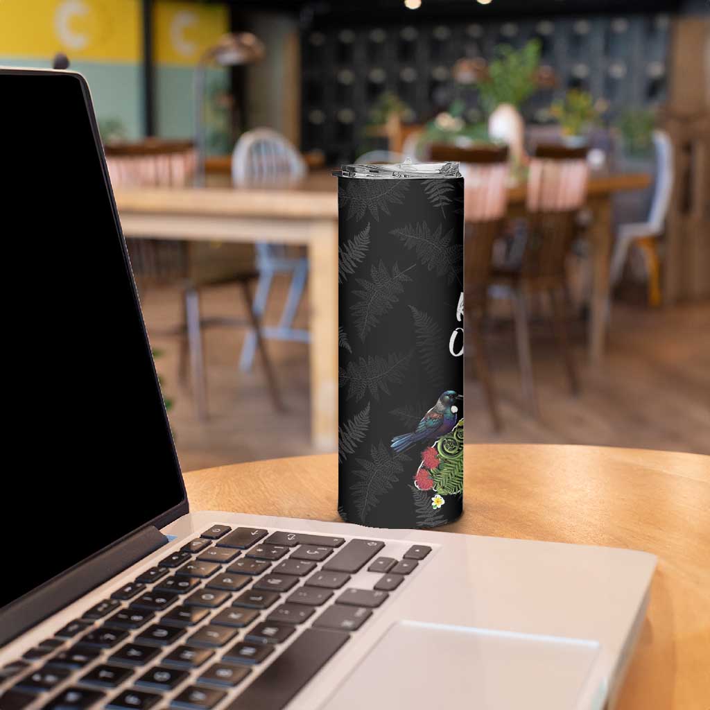 Kia Ora New Zealand Floral Skinny Tumbler Black - Polynesian Pride