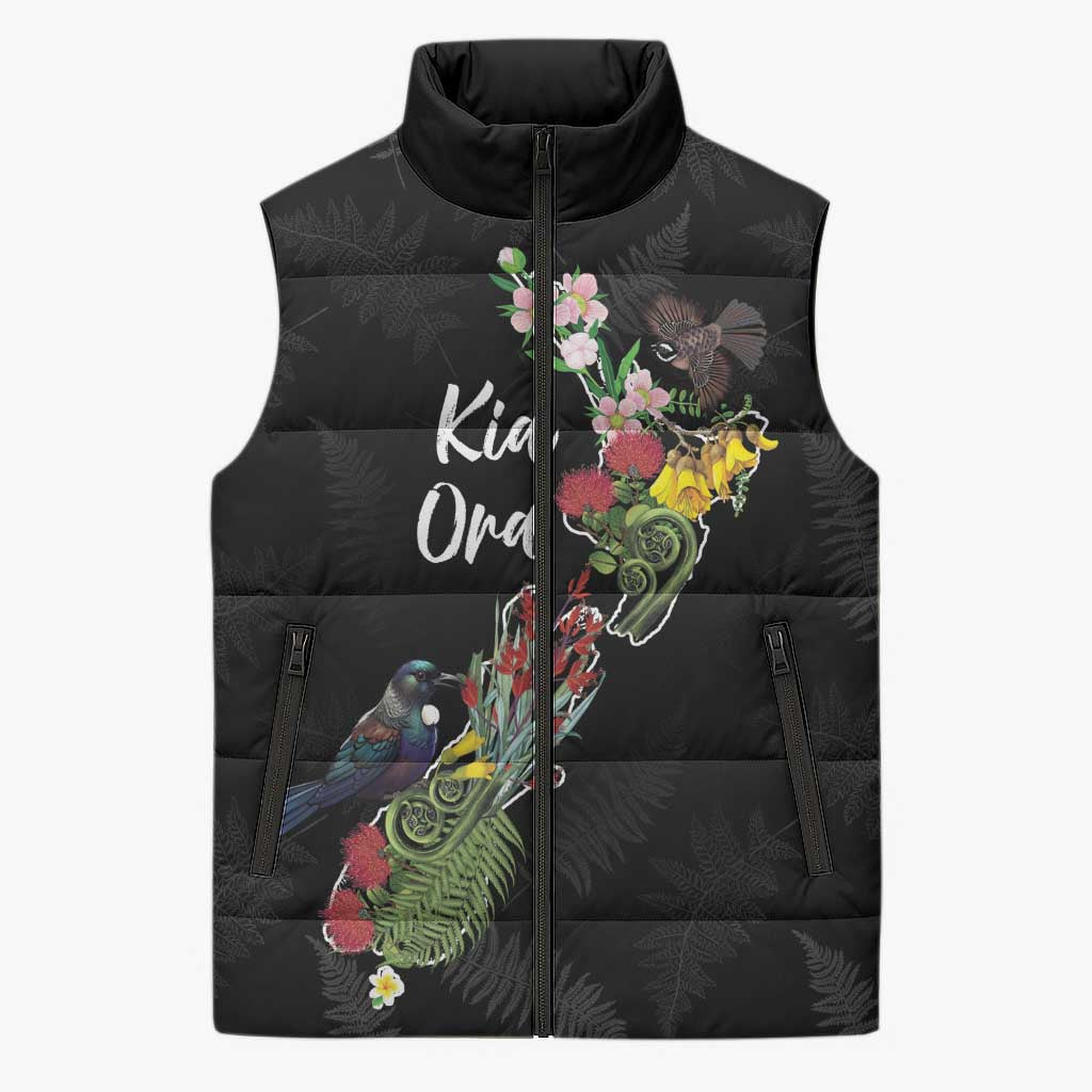 Kia Ora New Zealand Floral Personalized Sleeveless Puffer Jacket Black - Polynesian Pride