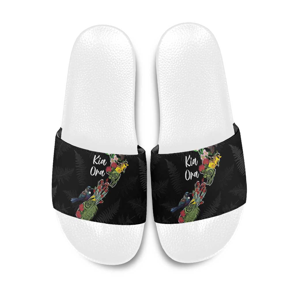 Kia Ora New Zealand Floral Slide Sandals Black - Polynesian Pride