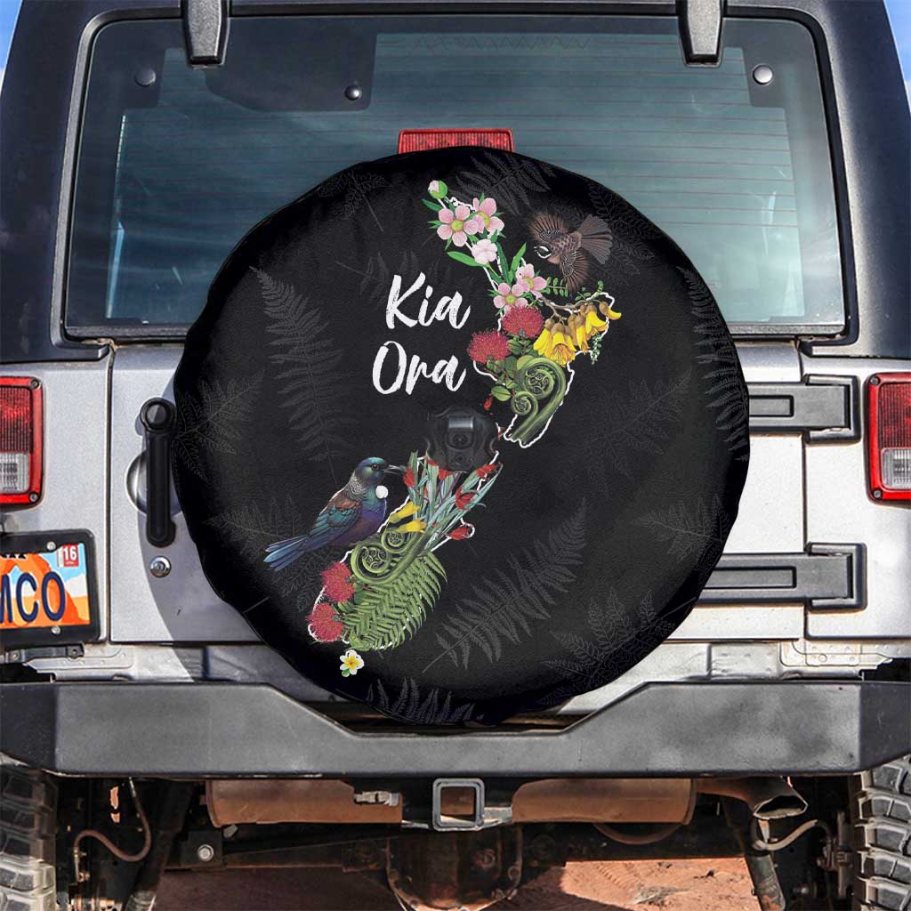 Kia Ora New Zealand Floral Spare Tire Cover Black - Polynesian Pride