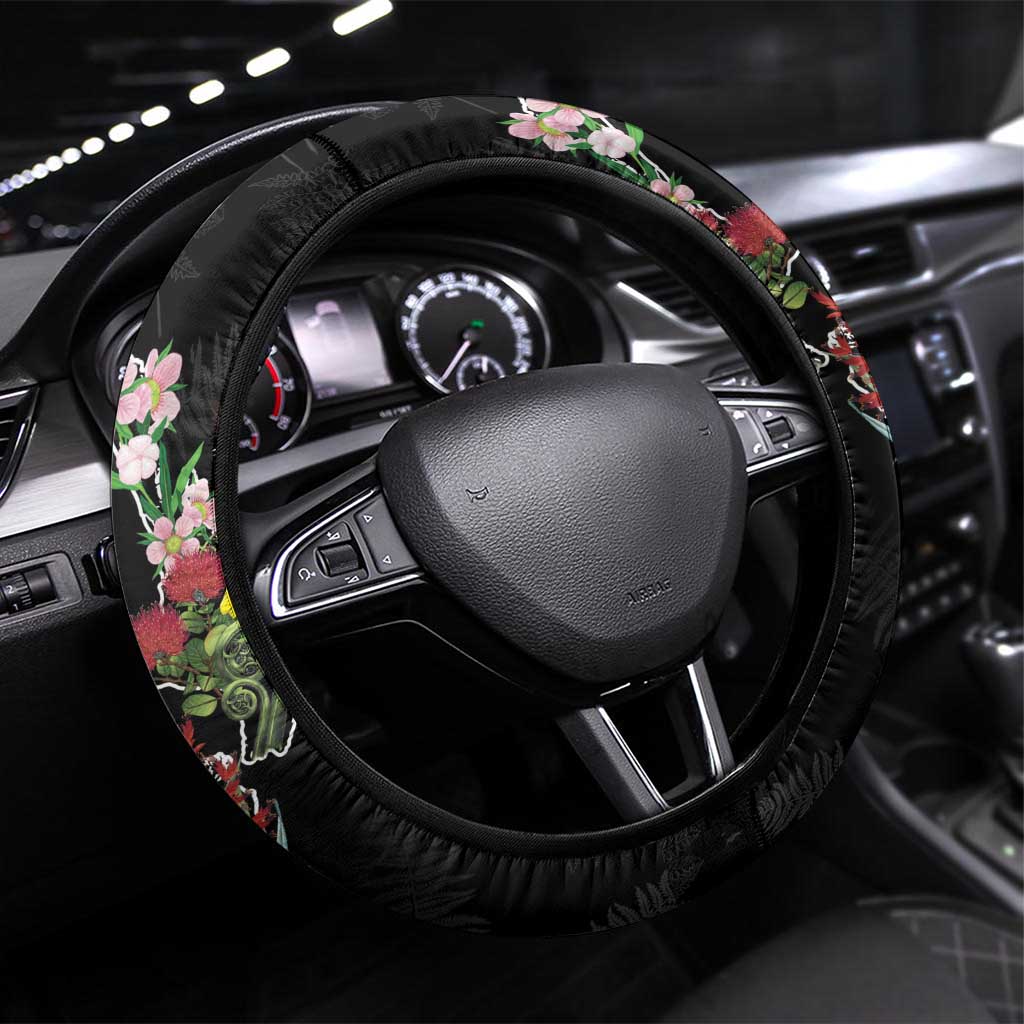Kia Ora New Zealand Floral Steering Wheel Cover Black - Polynesian Pride