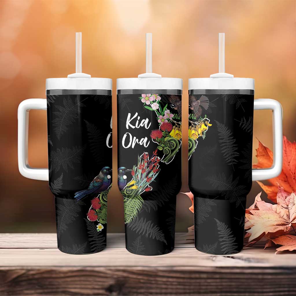 Kia Ora New Zealand Floral Tumbler With Handle Black - Polynesian Pride