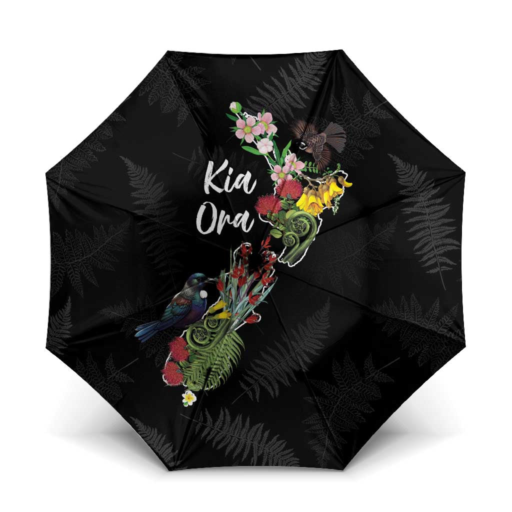 Kia Ora New Zealand Floral Umbrella Black - Polynesian Pride