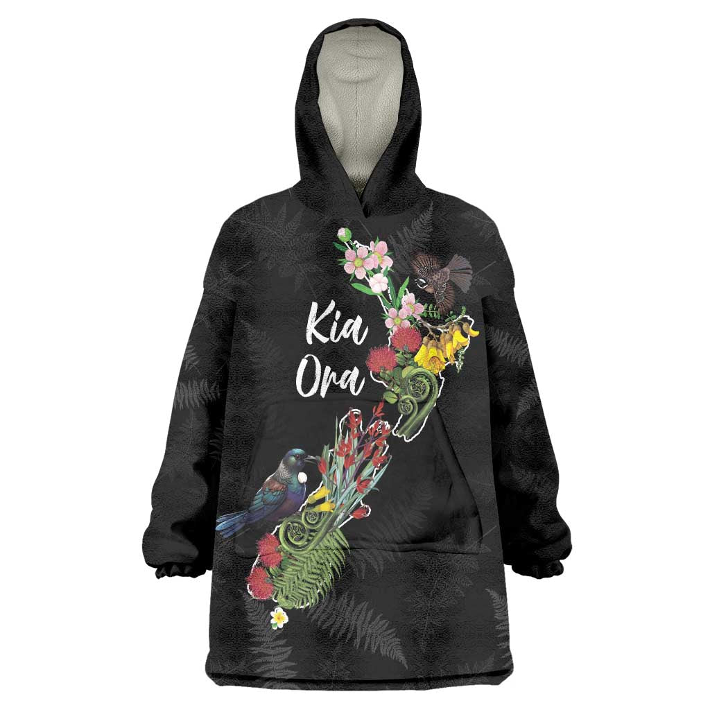 Kia Ora New Zealand Floral Personalized Wearable Blanket Hoodie Black - Polynesian Pride