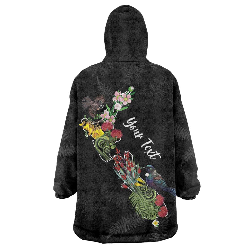 Kia Ora New Zealand Floral Personalized Wearable Blanket Hoodie Black - Polynesian Pride