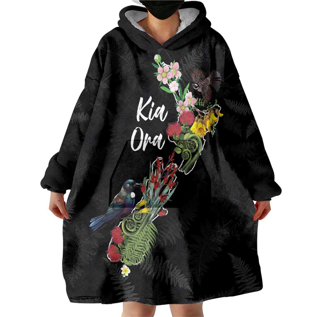 Kia Ora New Zealand Floral Personalized Wearable Blanket Hoodie Black - Polynesian Pride
