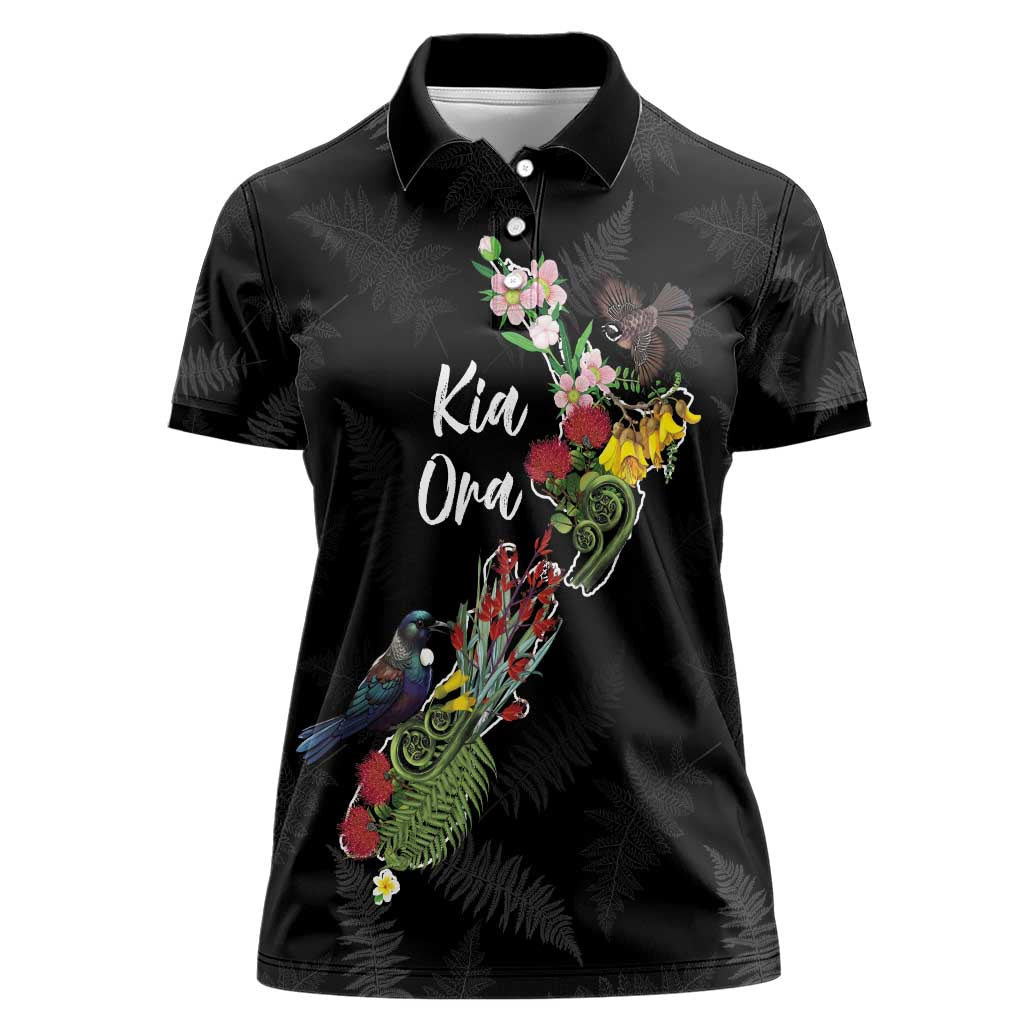 Kia Ora New Zealand Floral Personalized Women Polo Shirt Black - Polynesian Pride