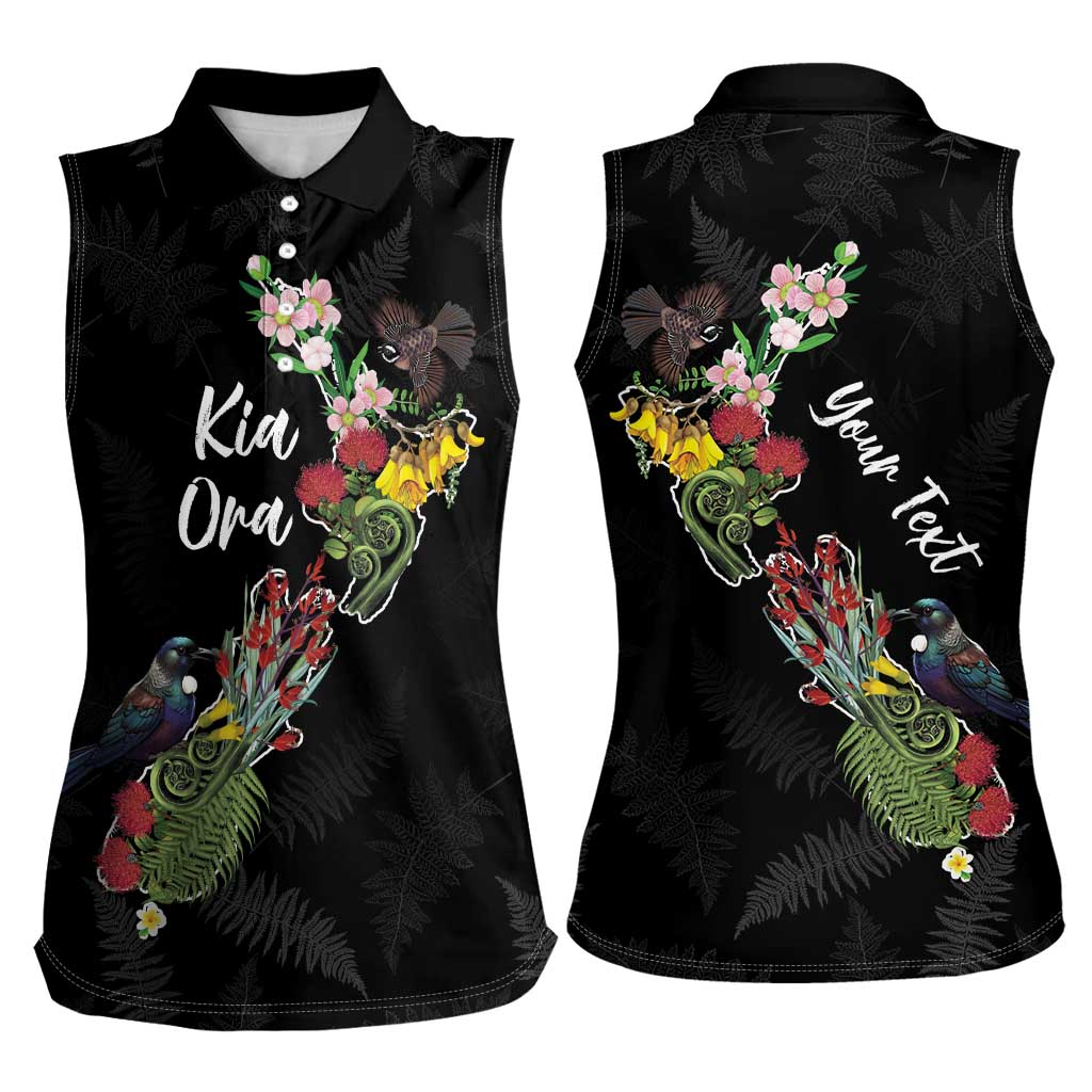 Kia Ora New Zealand Floral Personalized Women Sleeveless Polo Shirt Black - Polynesian Pride