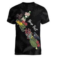 Kia Ora New Zealand Floral Personalized Women V-Neck T-Shirt Black - Polynesian Pride