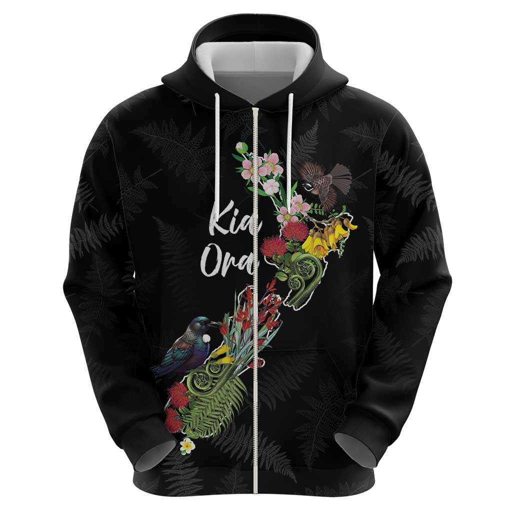 Kia Ora New Zealand Floral Personalized Zip Hoodie Black - Polynesian Pride