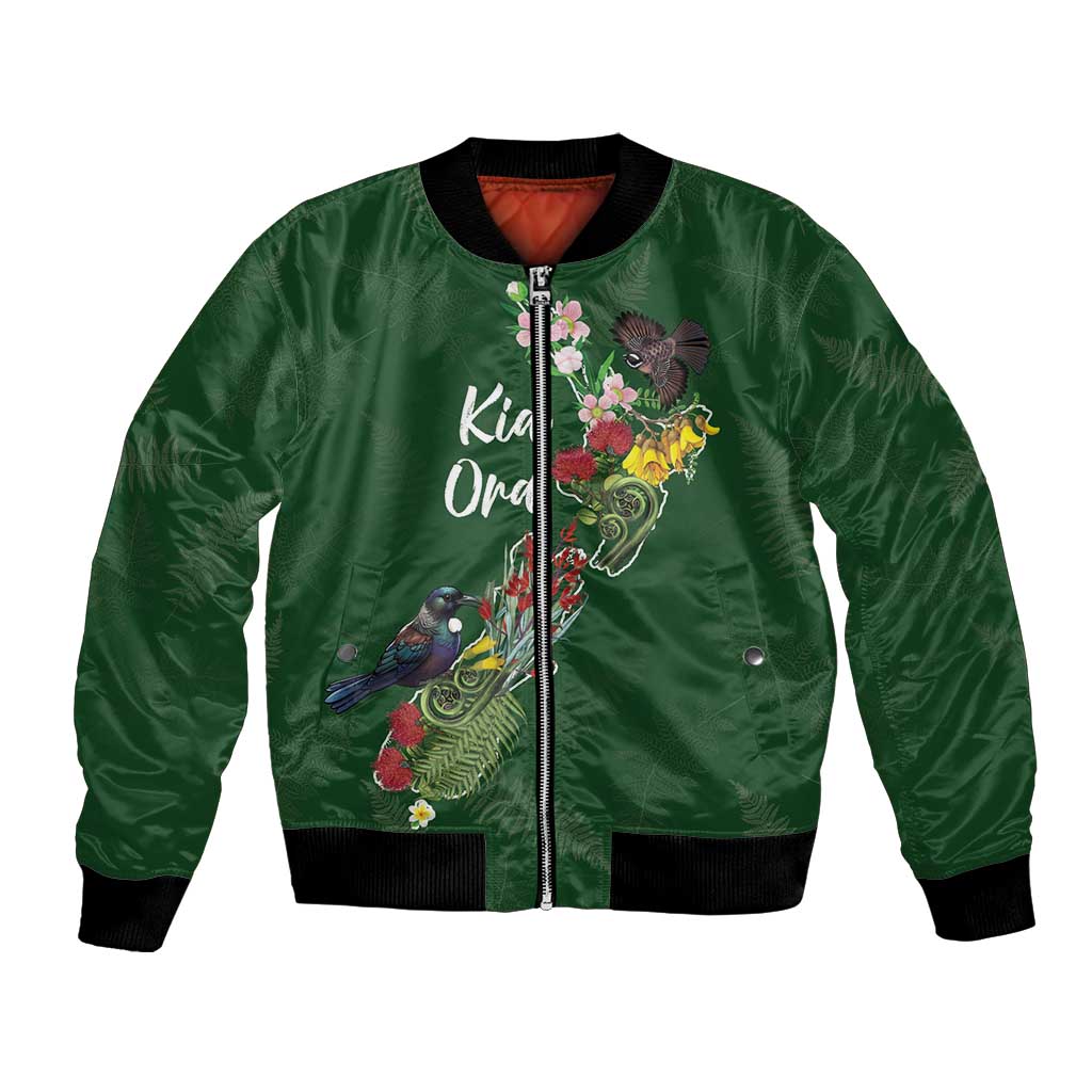 Kia Ora New Zealand Floral Personalized Bomber Jacket Sage Green - Polynesian Pride