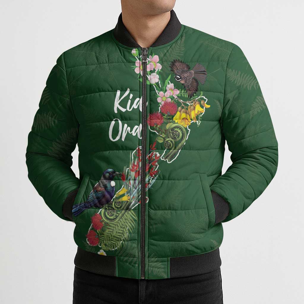 Kia Ora New Zealand Floral Personalized Bomber Puffer Jacket Sage Green - Polynesian Pride