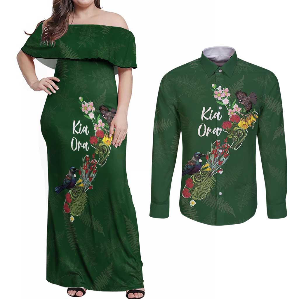 Kia Ora New Zealand Floral Personalized Couples Matching Off Shoulder Maxi Dress and Long Sleeve Button Shirt Sage Green - Polynesian Pride