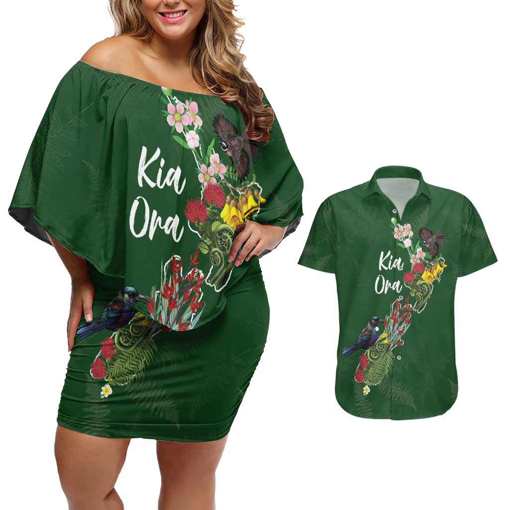 Kia Ora New Zealand Floral Personalized Couples Matching Off Shoulder Short Dress and Hawaiian Shirt Sage Green - Polynesian Pride