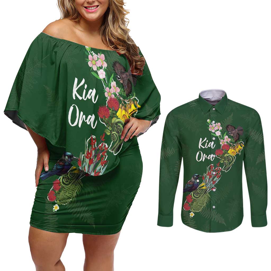 Kia Ora New Zealand Floral Personalized Couples Matching Off Shoulder Short Dress and Long Sleeve Button Shirt Sage Green - Polynesian Pride