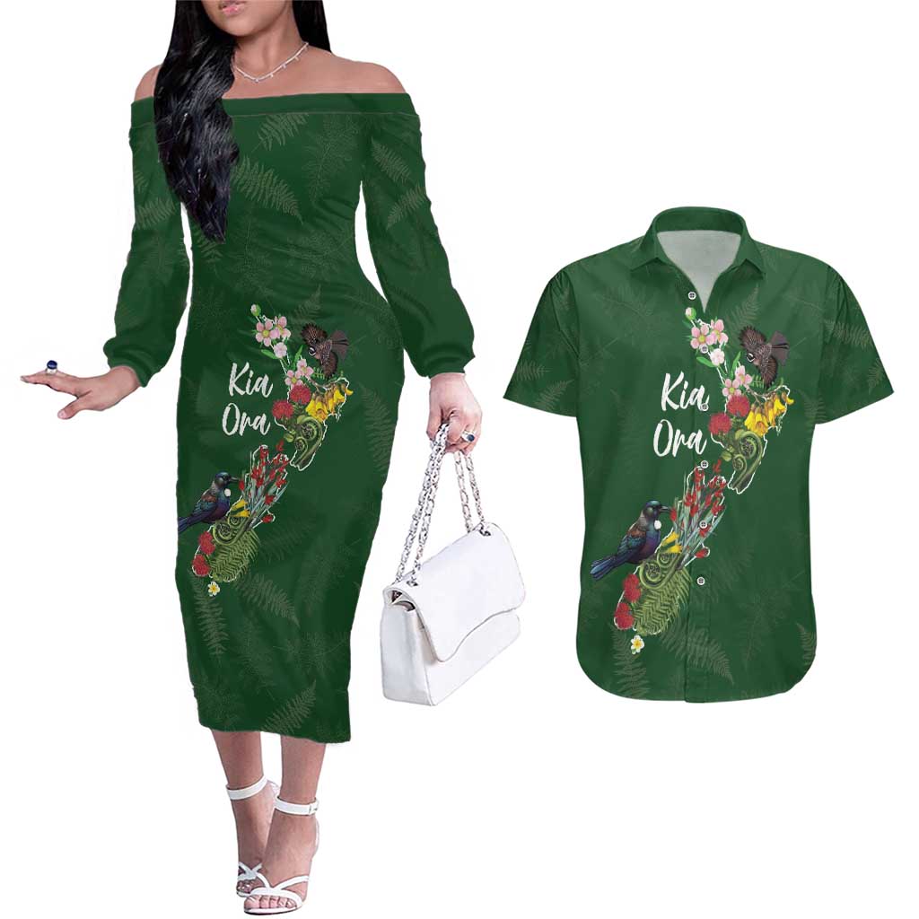 Kia Ora New Zealand Floral Personalized Couples Matching Off The Shoulder Long Sleeve Dress and Hawaiian Shirt Sage Green - Polynesian Pride