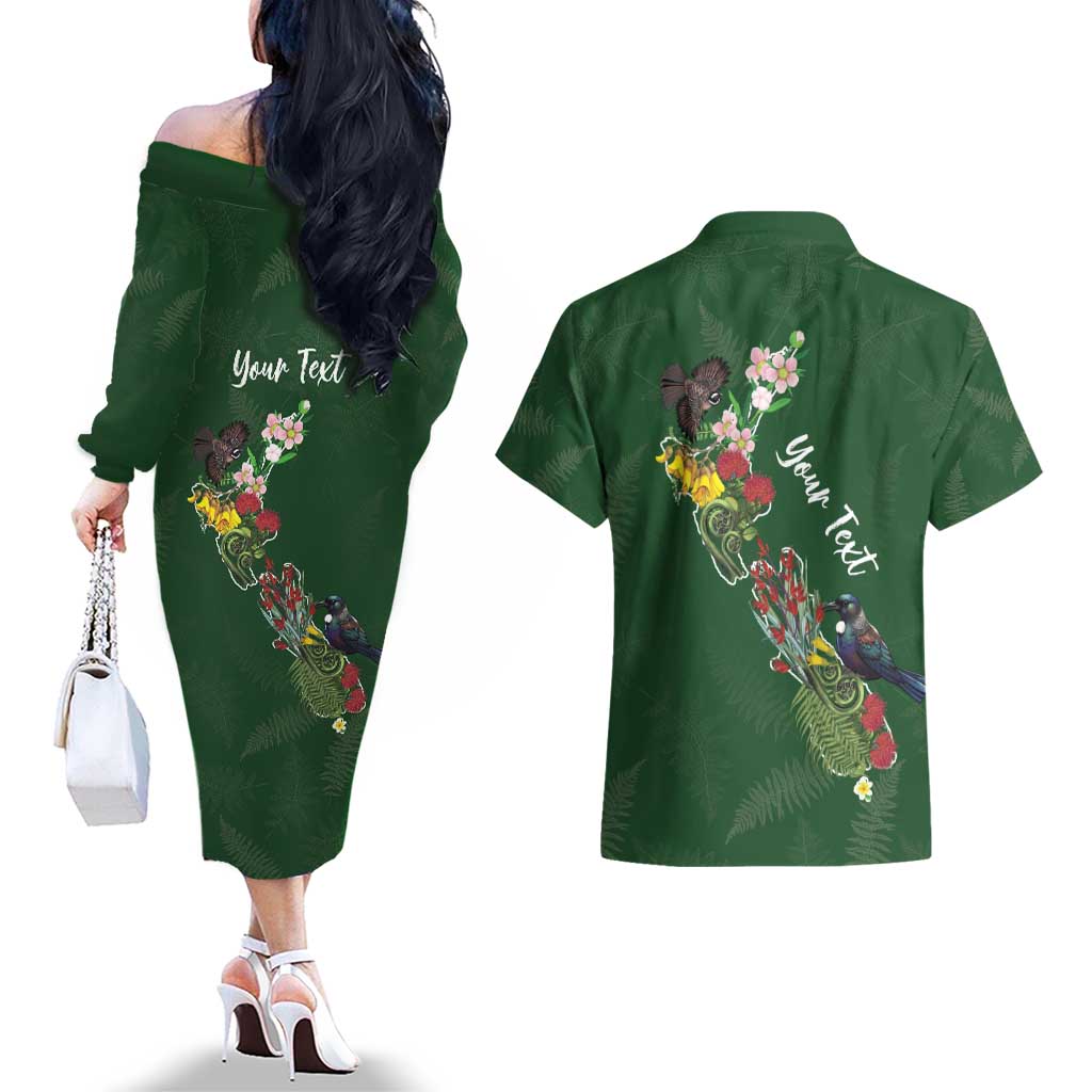 Kia Ora New Zealand Floral Personalized Couples Matching Off The Shoulder Long Sleeve Dress and Hawaiian Shirt Sage Green - Polynesian Pride