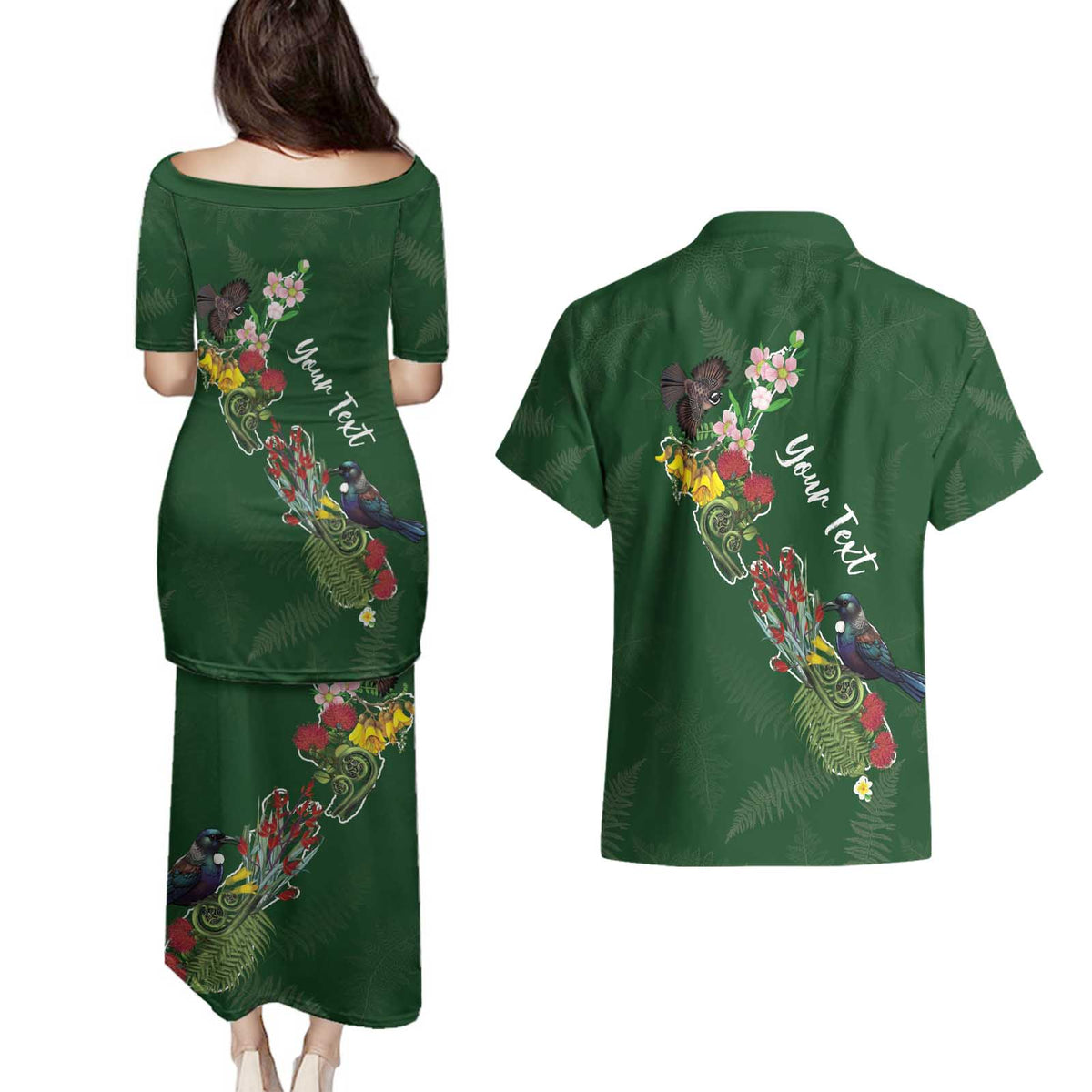 Kia Ora New Zealand Floral Personalized Couples Matching Puletasi and Hawaiian Shirt Sage Green - Polynesian Pride
