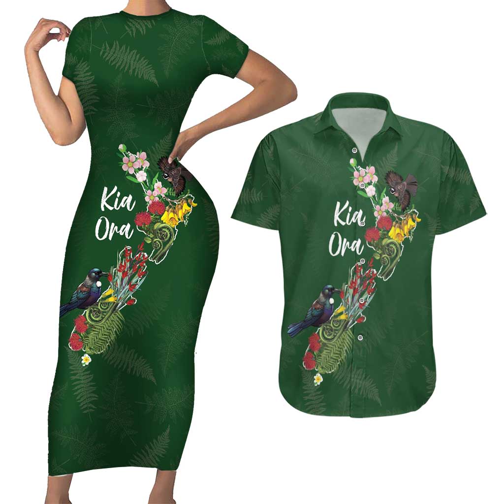 Kia Ora New Zealand Floral Personalized Couples Matching Short Sleeve Bodycon Dress and Hawaiian Shirt Sage Green - Polynesian Pride