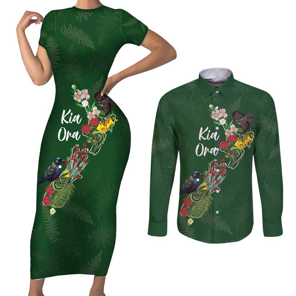 Kia Ora New Zealand Floral Personalized Couples Matching Short Sleeve Bodycon Dress and Long Sleeve Button Shirt Sage Green - Polynesian Pride