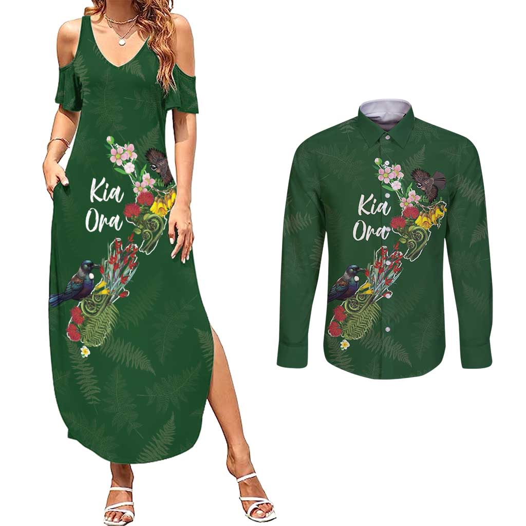 Kia Ora New Zealand Floral Personalized Couples Matching Summer Maxi Dress and Long Sleeve Button Shirt Sage Green - Polynesian Pride