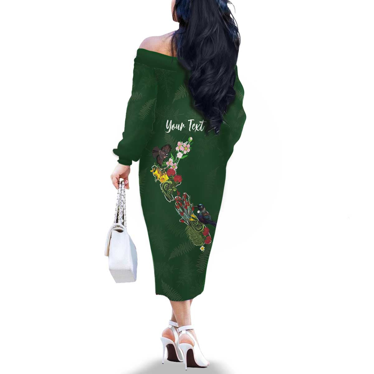 Kia Ora New Zealand Floral Personalized Family Matching Off The Shoulder Long Sleeve Dress and Hawaiian Shirt Sage Green - Polynesian Pride