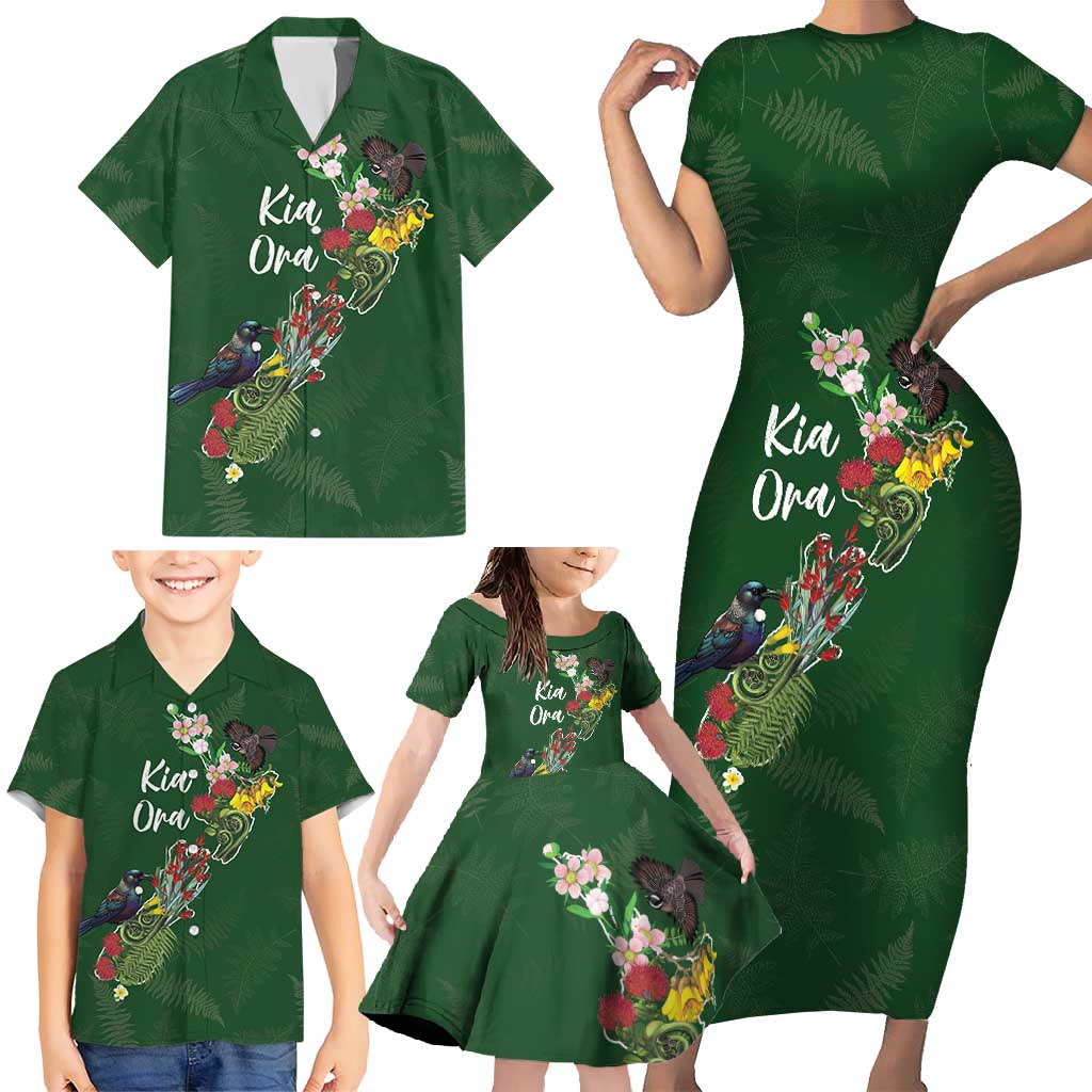 Kia Ora New Zealand Floral Personalized Family Matching Short Sleeve Bodycon Dress and Hawaiian Shirt Sage Green - Polynesian Pride