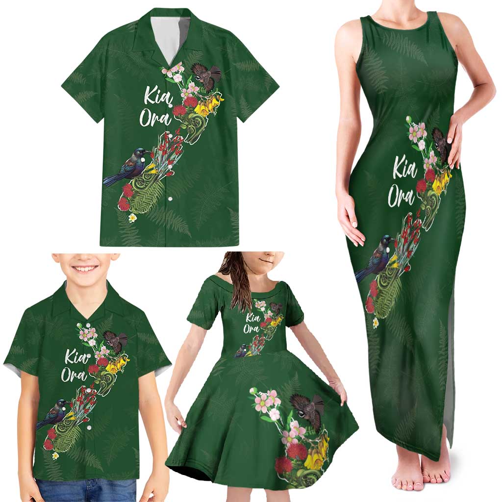 Kia Ora New Zealand Floral Personalized Family Matching Tank Maxi Dress and Hawaiian Shirt Sage Green - Polynesian Pride