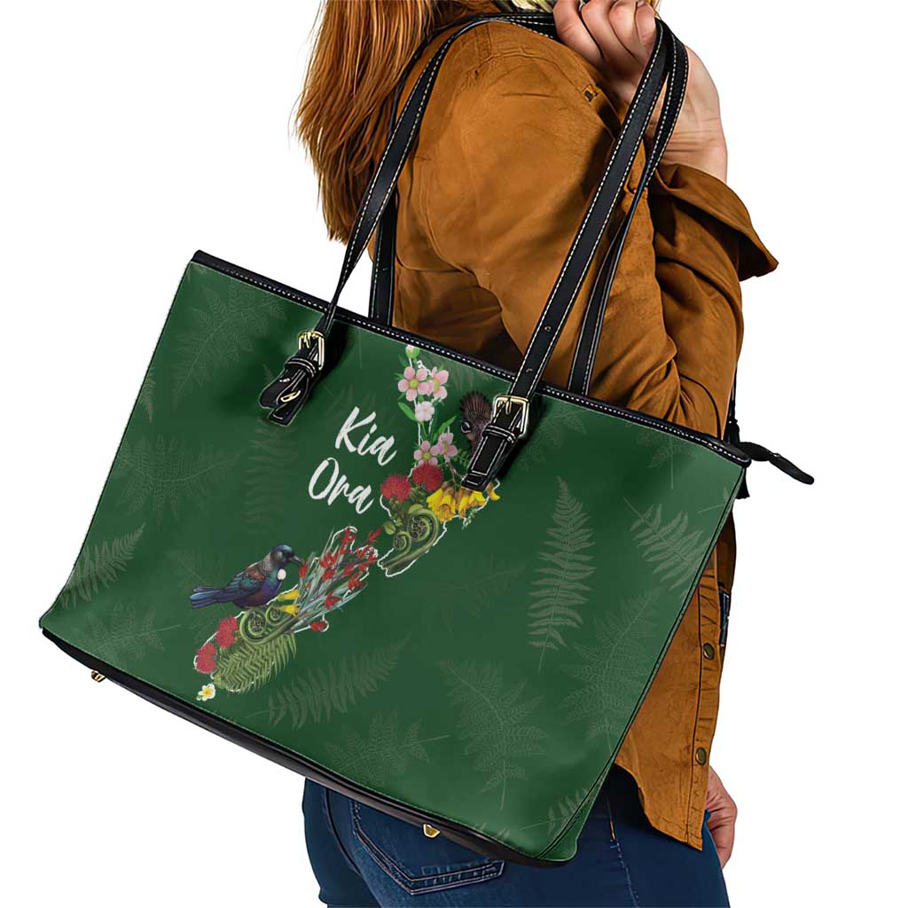 Kia Ora New Zealand Floral Leather Tote Bag Sage Green - Polynesian Pride