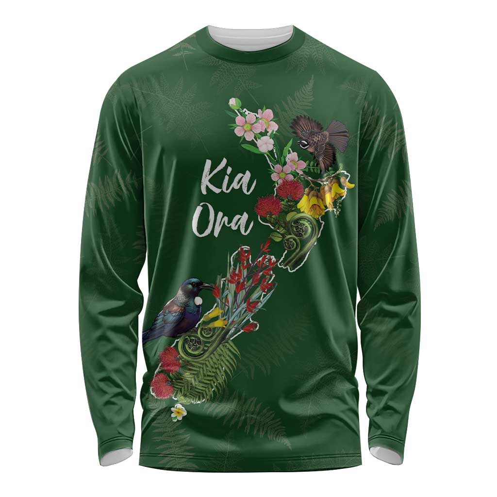 Kia Ora New Zealand Floral Personalized Long Sleeve Shirt Sage Green - Polynesian Pride