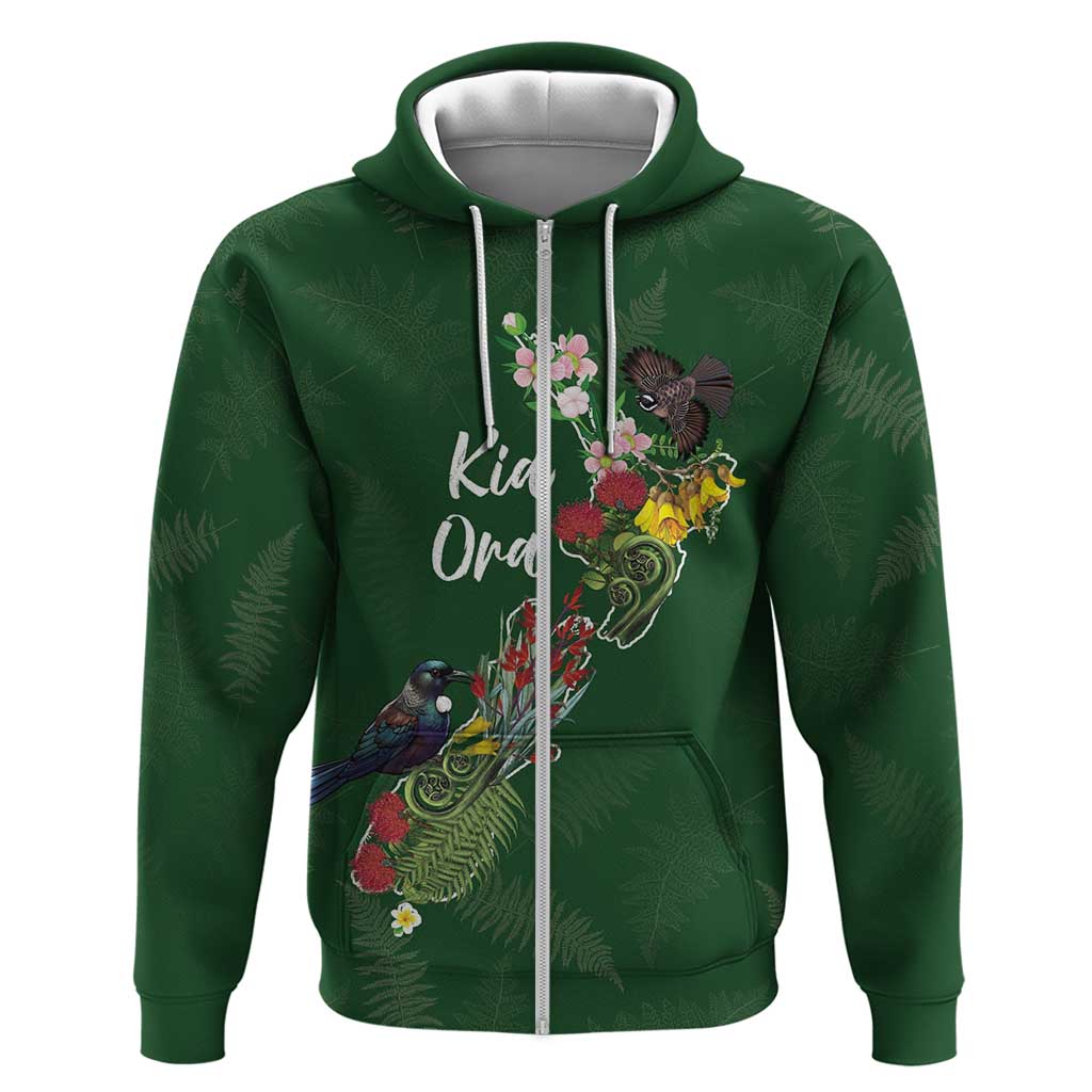Kia Ora New Zealand Floral Personalized Zip Hoodie Sage Green - Polynesian Pride