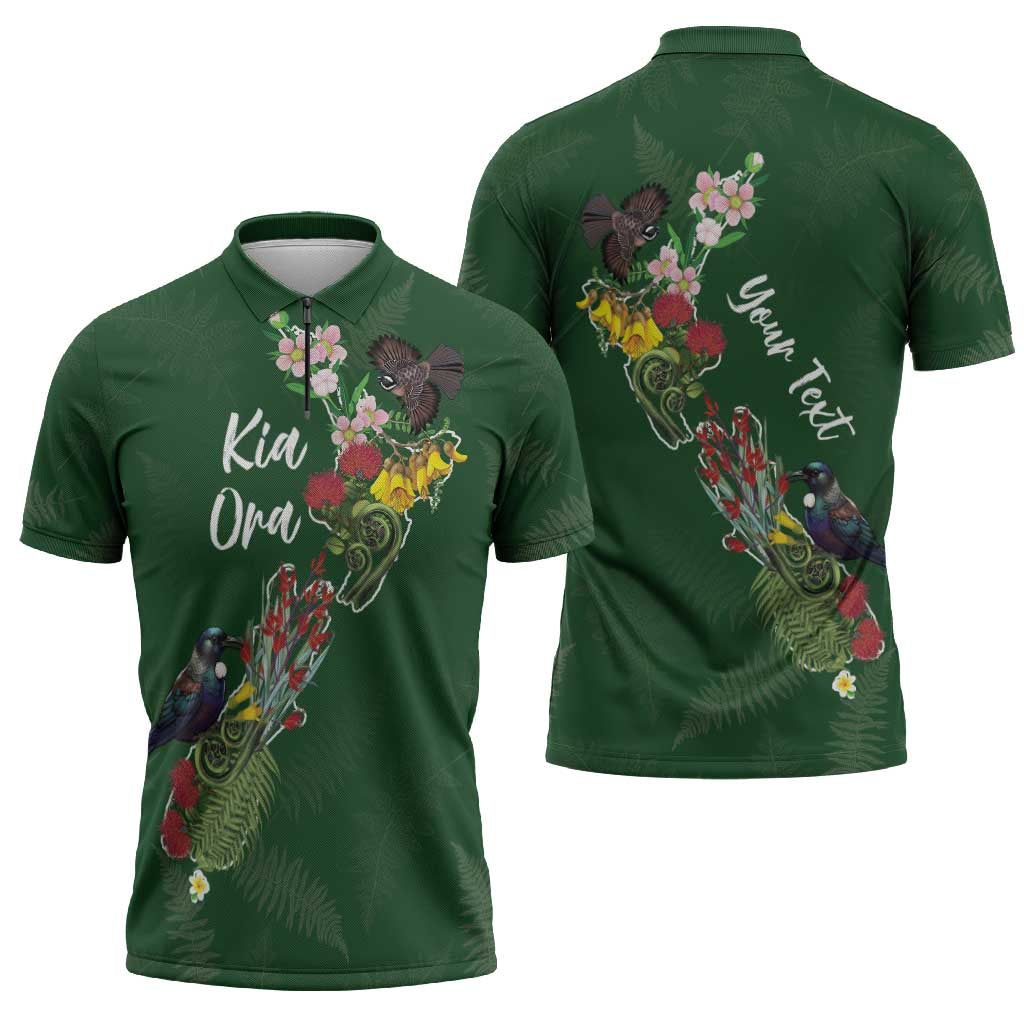Kia Ora New Zealand Floral Personalized Zipper Polo Shirt Sage Green - Polynesian Pride