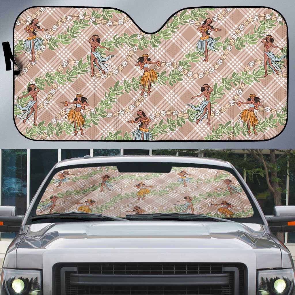 Beige Palaka Hula Girls Seamless Hawaii Aloha Auto Sun Shade LT7 Beige - Polynesian Pride