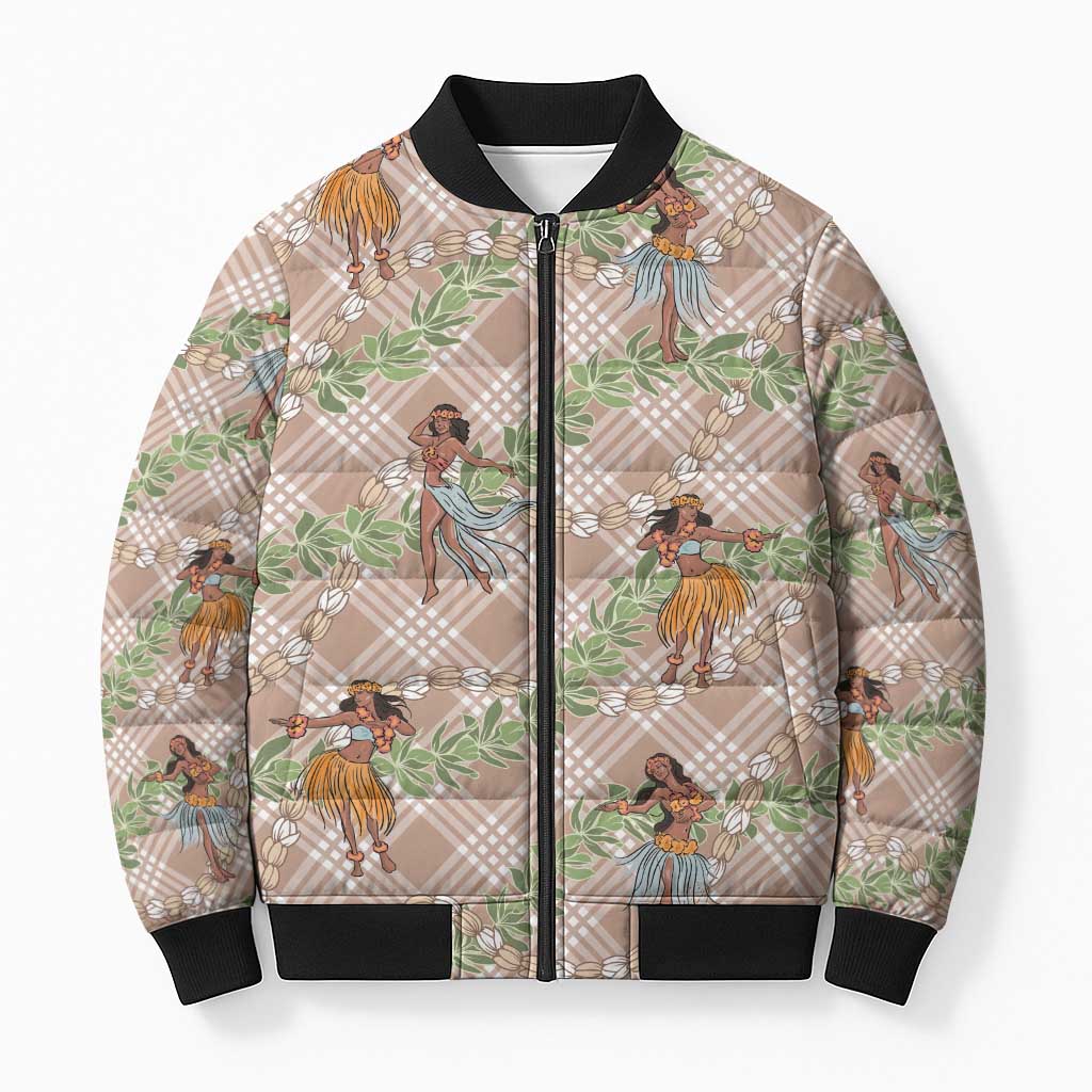 Beige Palaka Hula Girls Seamless Hawaii Aloha Bomber Puffer Jacket LT7 Unisex Beige - Polynesian Pride