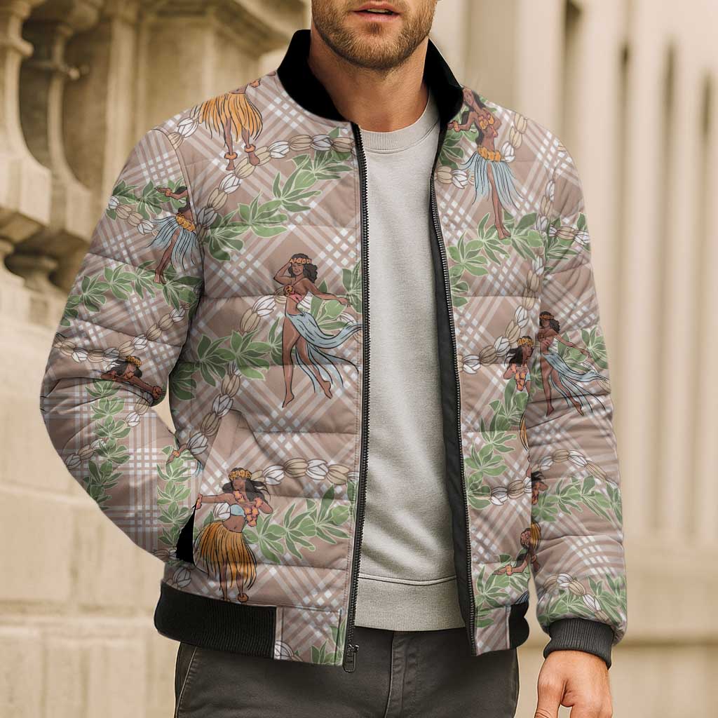 Beige Palaka Hula Girls Seamless Hawaii Aloha Bomber Puffer Jacket LT7 - Polynesian Pride