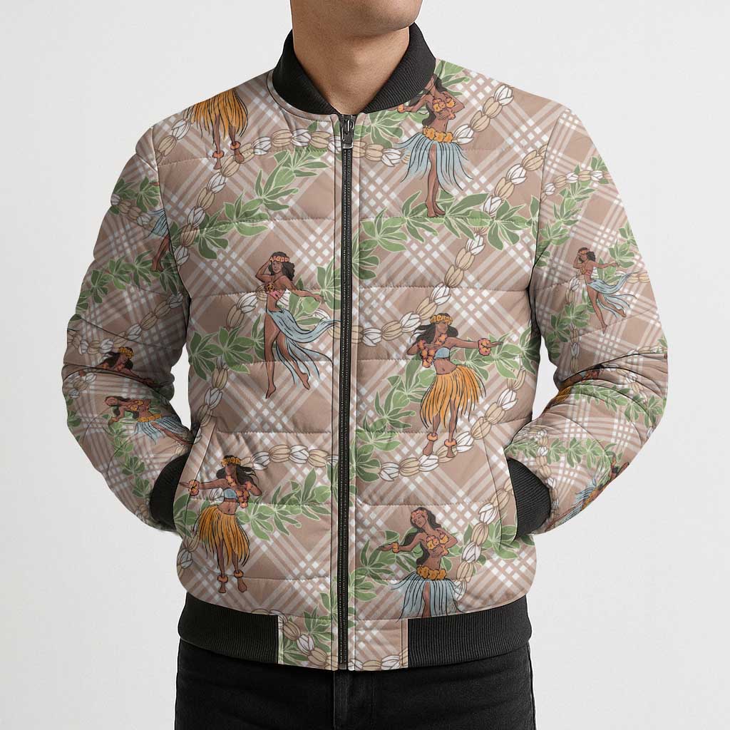 Beige Palaka Hula Girls Seamless Hawaii Aloha Bomber Puffer Jacket LT7 - Polynesian Pride