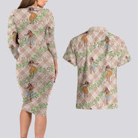 Beige Palaka Hula Girls Seamless Hawaii Aloha Couples Matching Long Sleeve Bodycon Dress and Hawaiian Shirt - Polynesian Pride
