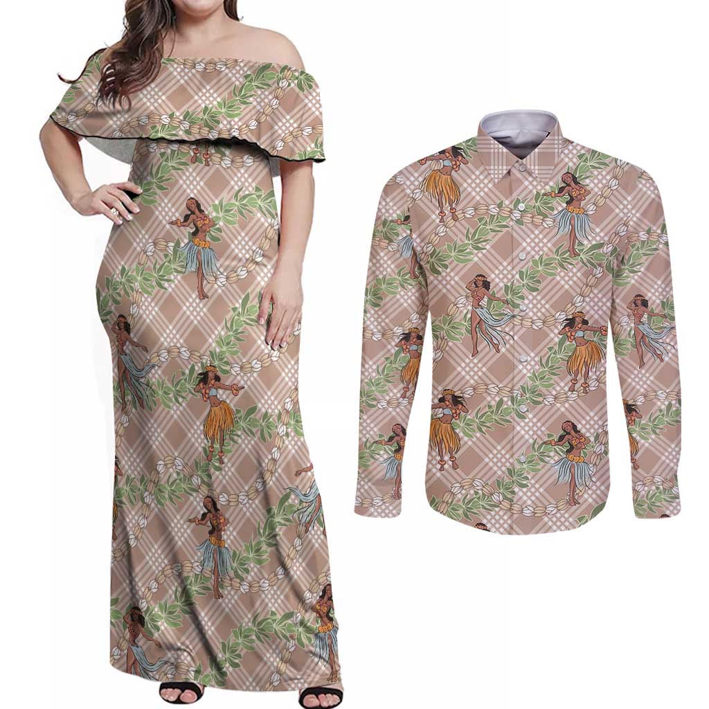 Beige Palaka Hula Girls Seamless Hawaii Aloha Couples Matching Off Shoulder Maxi Dress and Long Sleeve Button Shirt - Polynesian Pride