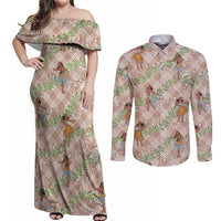 Beige Palaka Hula Girls Seamless Hawaii Aloha Couples Matching Off Shoulder Maxi Dress and Long Sleeve Button Shirt - Polynesian Pride
