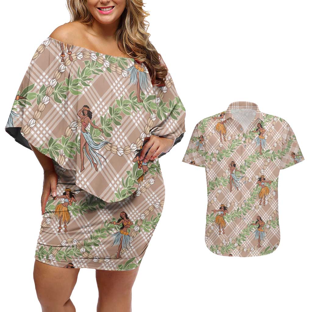Beige Palaka Hula Girls Seamless Hawaii Aloha Couples Matching Off Shoulder Short Dress and Hawaiian Shirt - Polynesian Pride