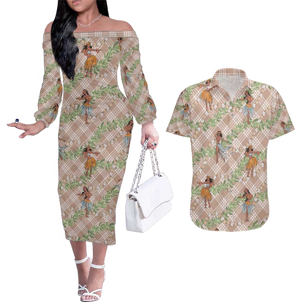 Beige Palaka Hula Girls Seamless Hawaii Aloha Couples Matching Off The Shoulder Long Sleeve Dress and Hawaiian Shirt - Polynesian Pride