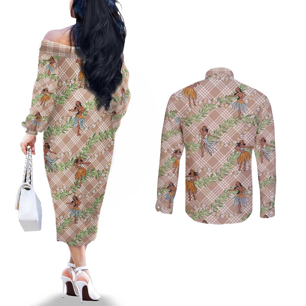 Beige Palaka Hula Girls Seamless Hawaii Aloha Couples Matching Off The Shoulder Long Sleeve Dress and Long Sleeve Button Shirt - Polynesian Pride