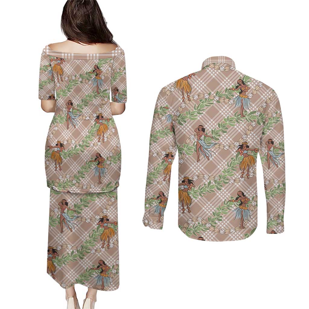 Beige Palaka Hula Girls Seamless Hawaii Aloha Couples Matching Puletasi and Long Sleeve Button Shirt LT7 - Polynesian Pride