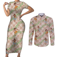 Beige Palaka Hula Girls Seamless Hawaii Aloha Couples Matching Short Sleeve Bodycon Dress and Long Sleeve Button Shirt - Polynesian Pride