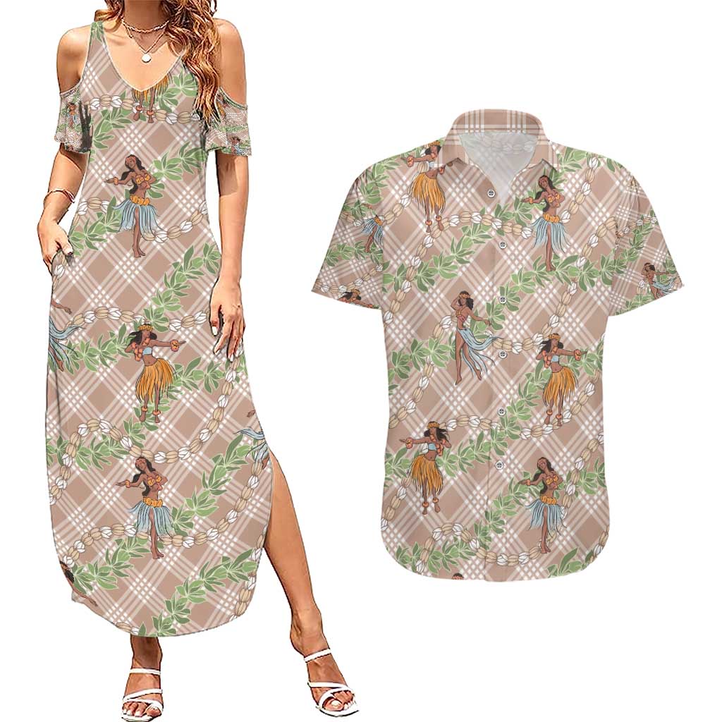 Beige Palaka Hula Girls Seamless Hawaii Aloha Couples Matching Summer Maxi Dress and Hawaiian Shirt - Polynesian Pride