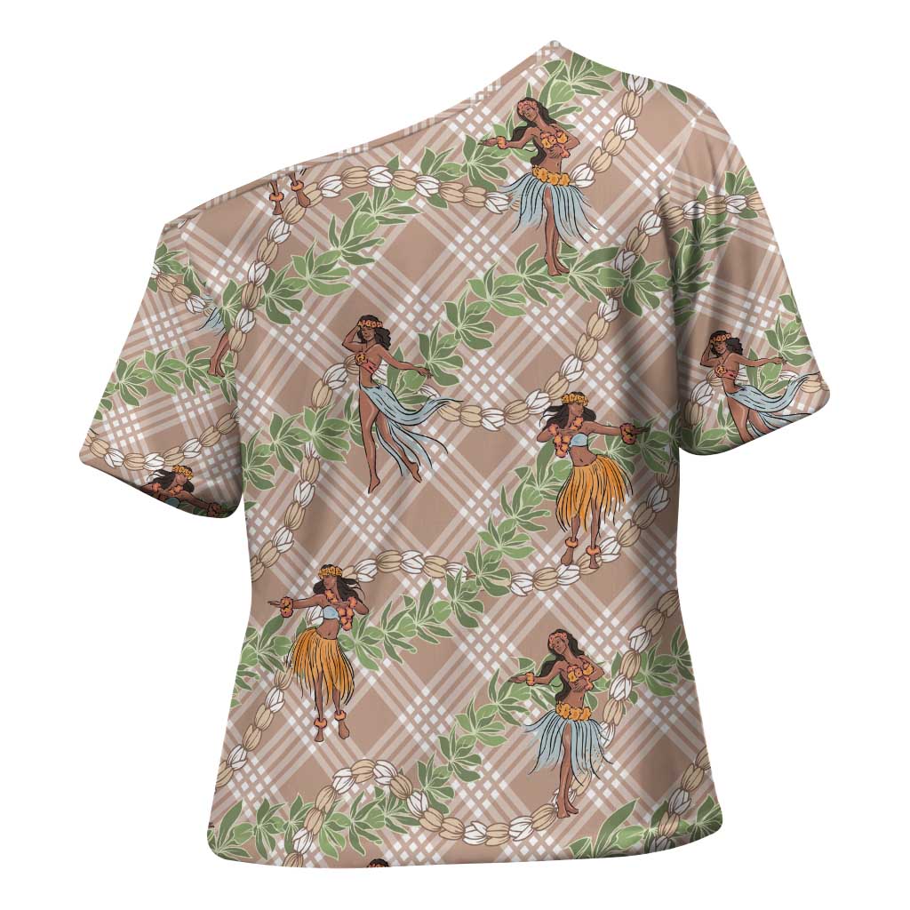 Beige Palaka Hula Girls Seamless Hawaii Aloha Cross Shoulder Shirt - Polynesian Pride