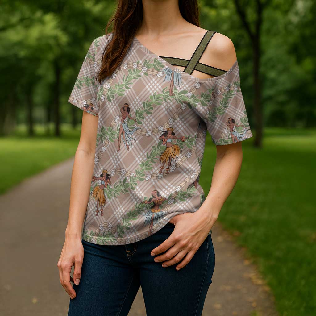 Beige Palaka Hula Girls Seamless Hawaii Aloha Cross Shoulder Shirt - Polynesian Pride