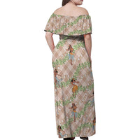 Beige Palaka Hula Girls Seamless Hawaii Aloha Family Matching Off Shoulder Maxi Dress and Hawaiian Shirt - Polynesian Pride