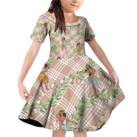 Beige Palaka Hula Girls Seamless Hawaii Aloha Family Matching Off Shoulder Short Dress and Hawaiian Shirt - Polynesian Pride