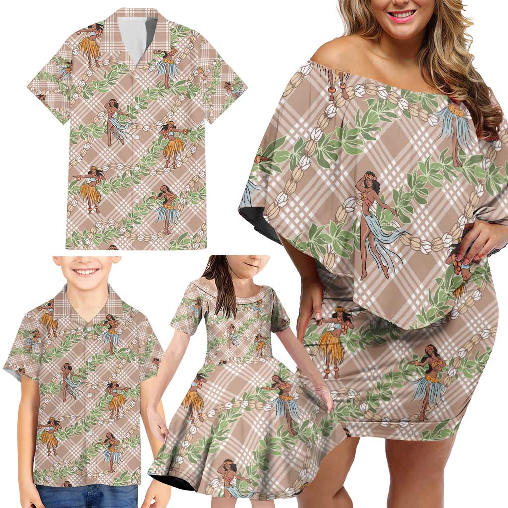 Beige Palaka Hula Girls Seamless Hawaii Aloha Family Matching Off Shoulder Short Dress and Hawaiian Shirt - Polynesian Pride
